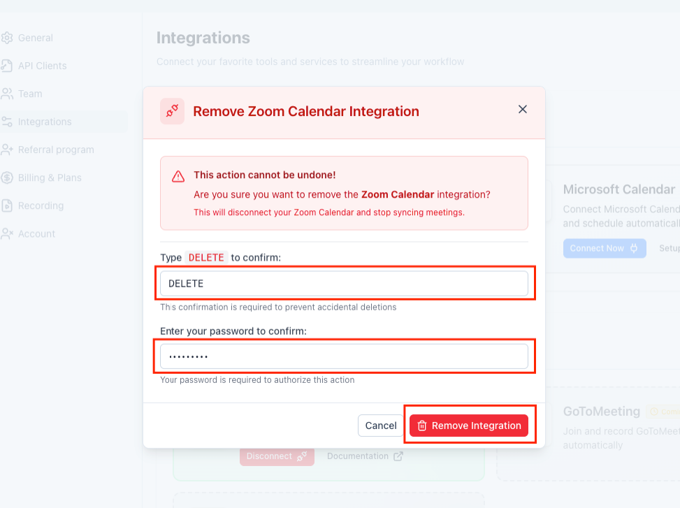Confirm removal by typing DELETE and entering your password