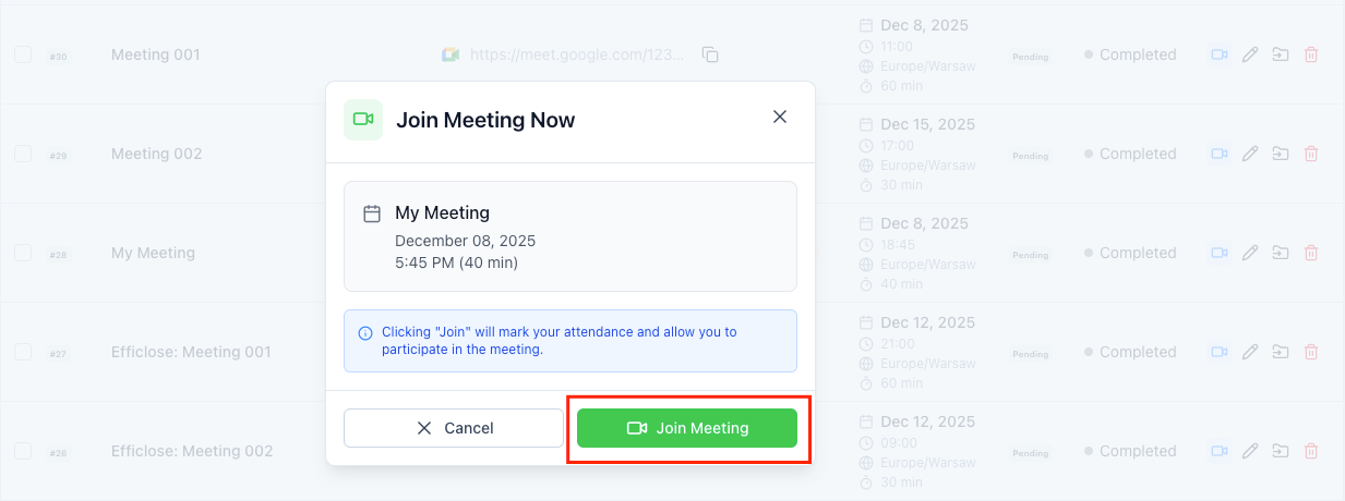 Confirm and click Join Meeting