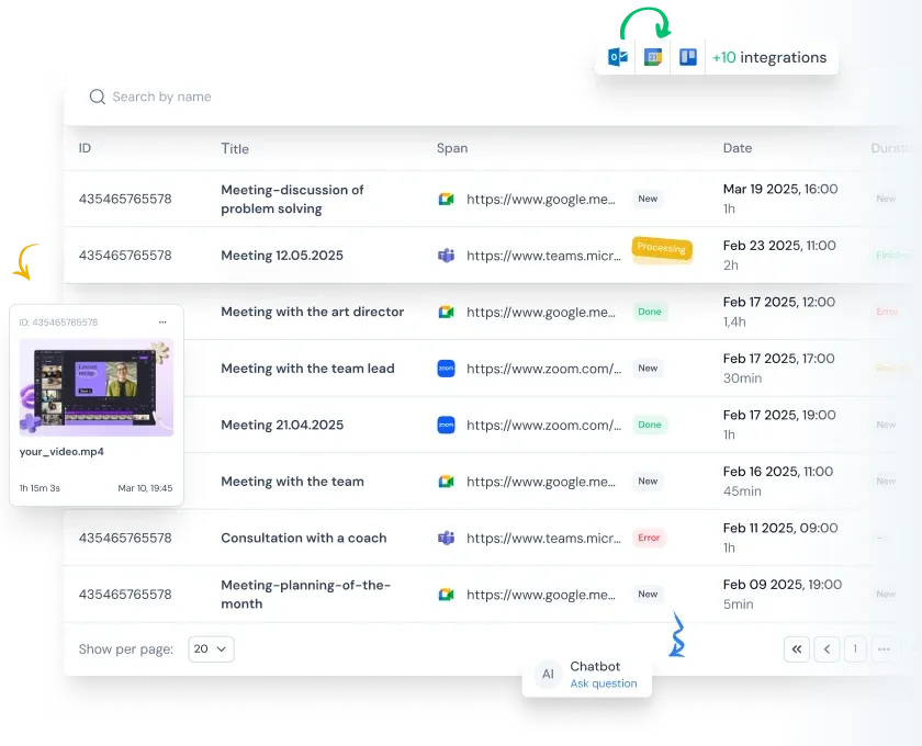 EffiClose meeting transcription interface