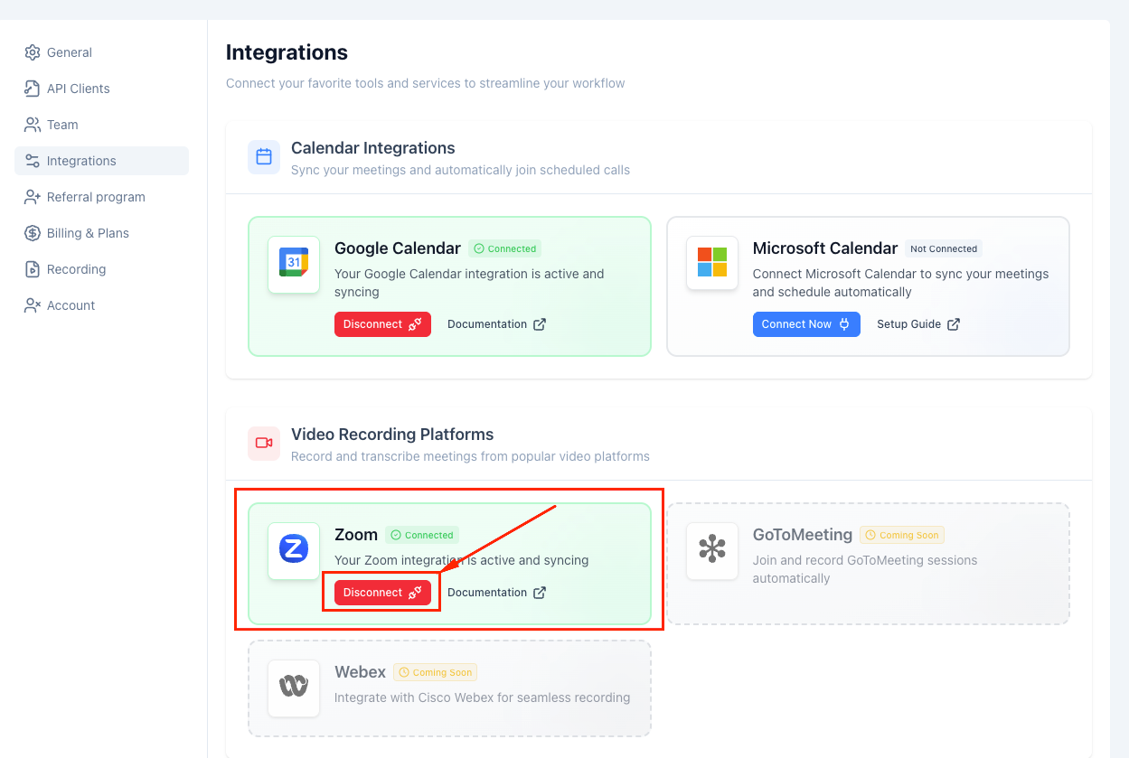 Najděte integraci Zoom a klikněte na Odpojit