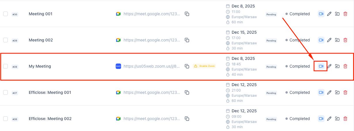 Klikněte na tlačítko Připojit se ke schůzce v seznamu schůzek